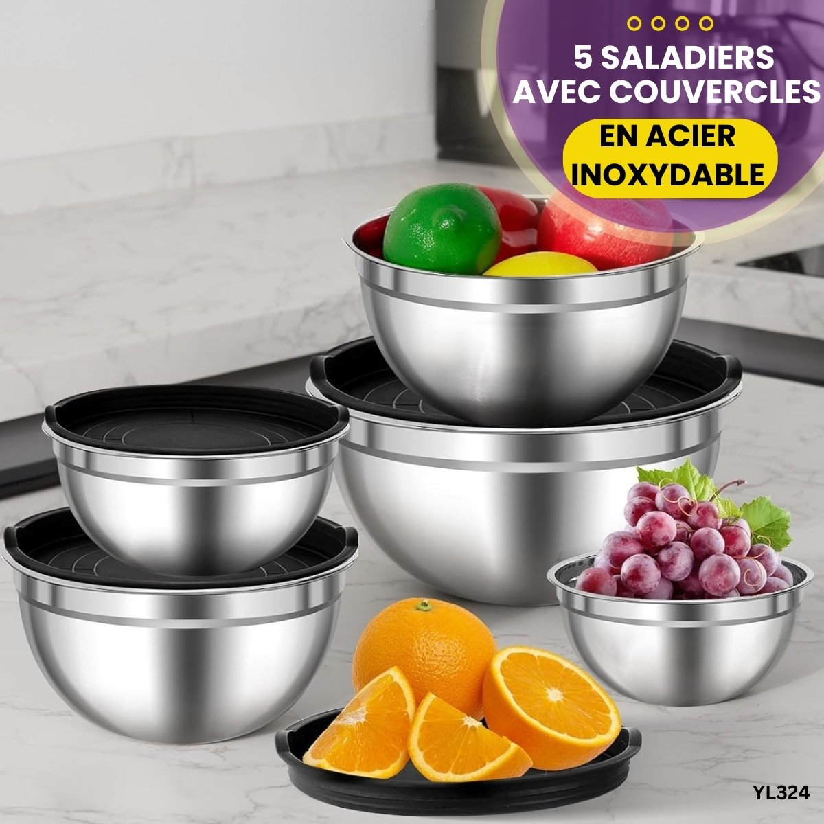 Lot De 5 Bols En Acier Inoxydable - 1L à 3.5L, Gradués, Empilables, Pour Cuisine Et Pâtisserie