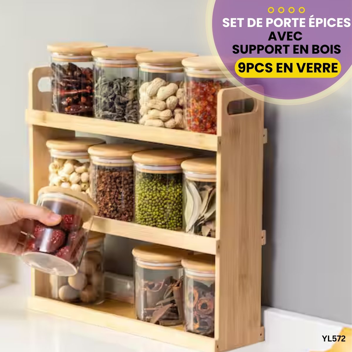 Set De Porte Épices En Verre Avec Support En Bois YL572 – Image 5