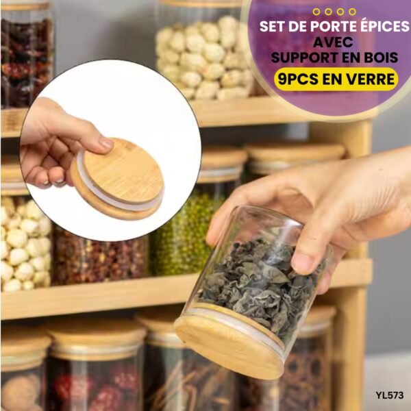 Set De Porte Épices En Verre Avec Support En Bois YL572 – Image 3