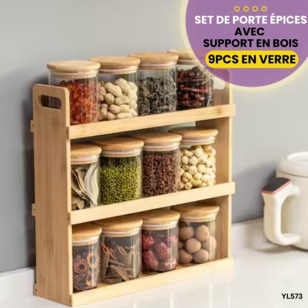 Set De Porte Épices En Verre Avec Support En Bois YL572