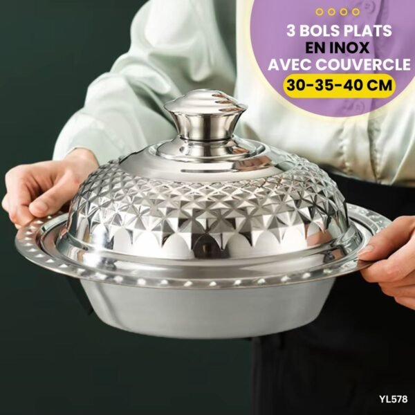 Série de 3 Bols plats en inox avec couvercle YL578 – Image 3