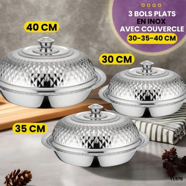 Série de 3 Bols plats en inox avec couvercle YL578