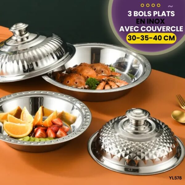 Série de 3 Bols plats en inox avec couvercle YL578 – Image 2
