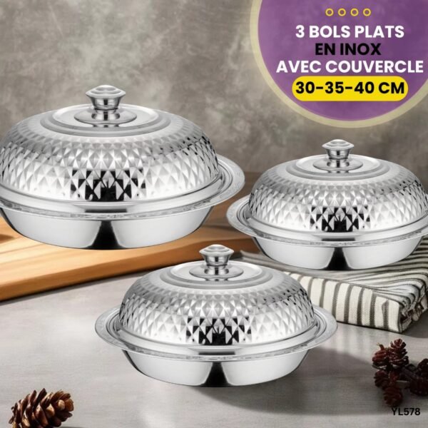 Série de 3 Bols plats en inox avec couvercle YL578 – Image 4