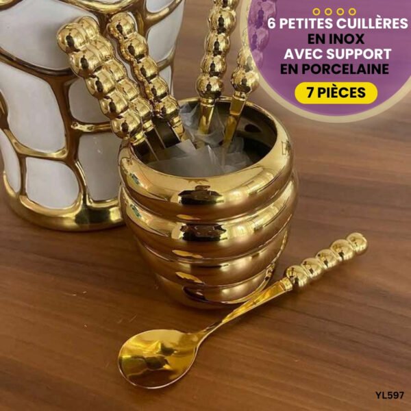 Lot de 6 cuillères en inox avec support en porcelaine YL597 – Image 3