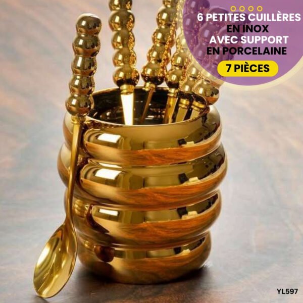 Lot de 6 cuillères en inox avec support en porcelaine YL597 – Image 2