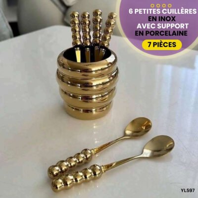 Lot de 6 cuillères en inox avec support en porcelaine YL597