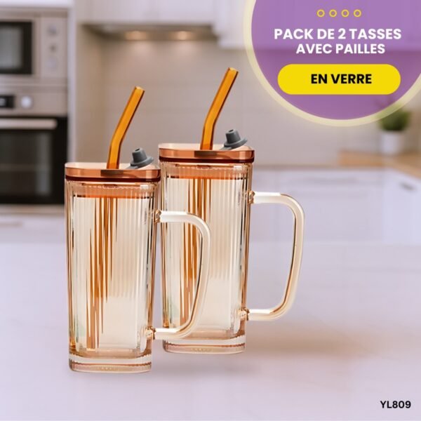 Pack de 2 tasses en verre avec Pailles YL809