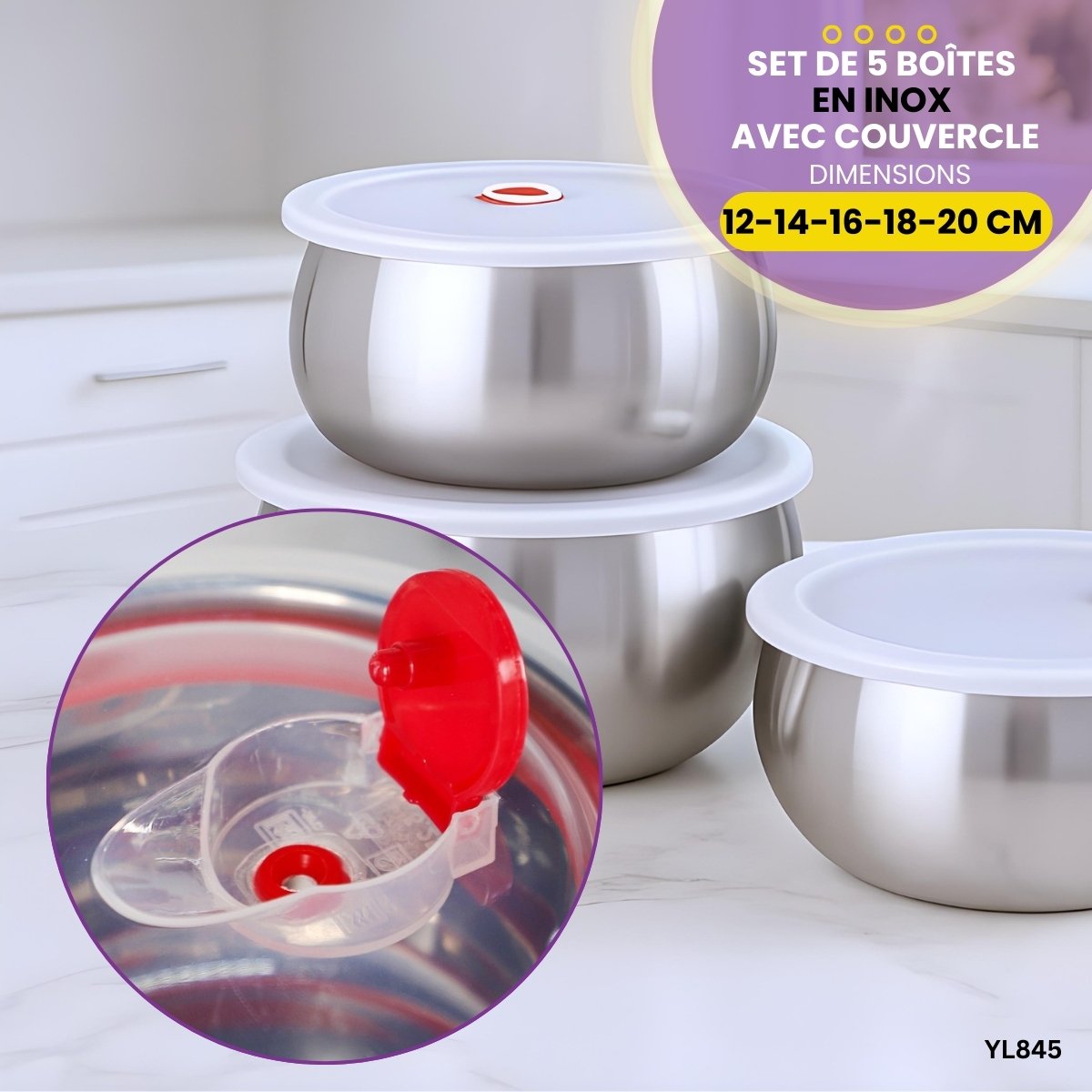 5 Boîtes En Inox Avec Couvercles YL845 – Image 5
