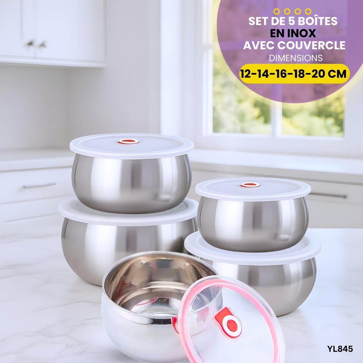 5 Boîtes En Inox Avec Couvercles YL845 – Image 3