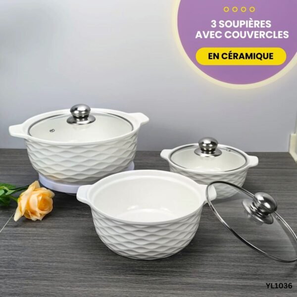 3 Soupières en céramique avec couvercles YL1036 – Image 2
