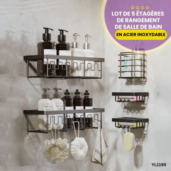 Lot de 5 étagères de rangement de salle de bain en acier inoxydable YL1195 – Image 2
