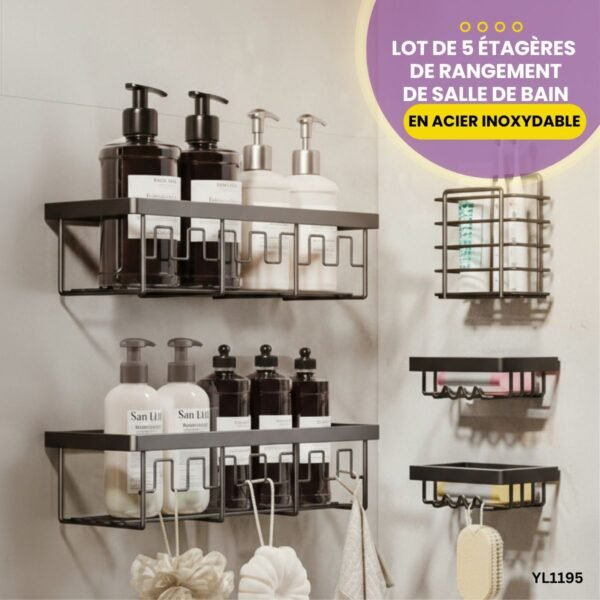 Lot de 5 étagères de rangement de salle de bain en acier inoxydable YL1195 – Image 4