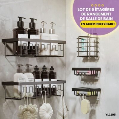 Lot de 5 étagères de rangement de salle de bain en acier inoxydable YL1195