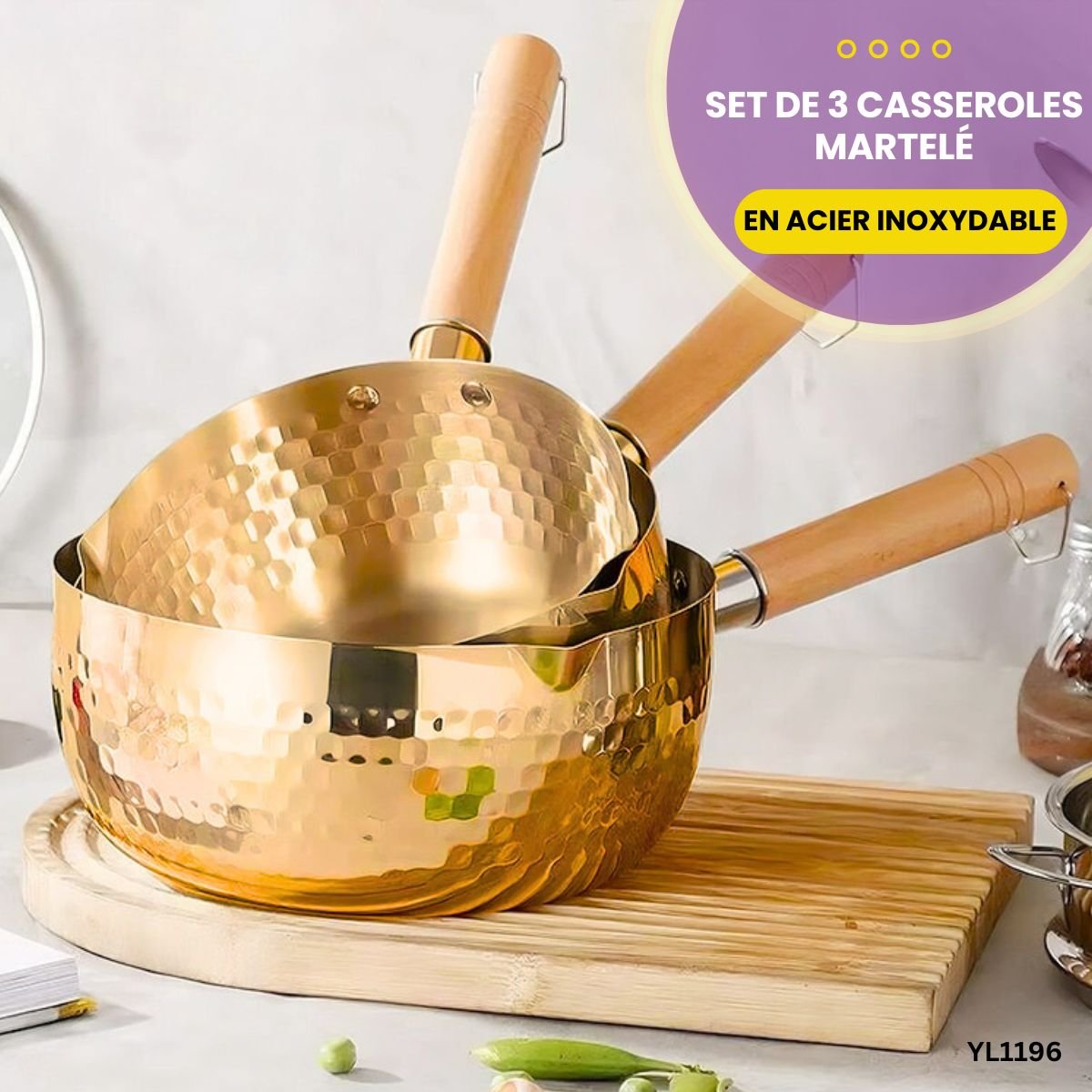 Set de 3 casseroles en acier inoxydable martelé YL1196