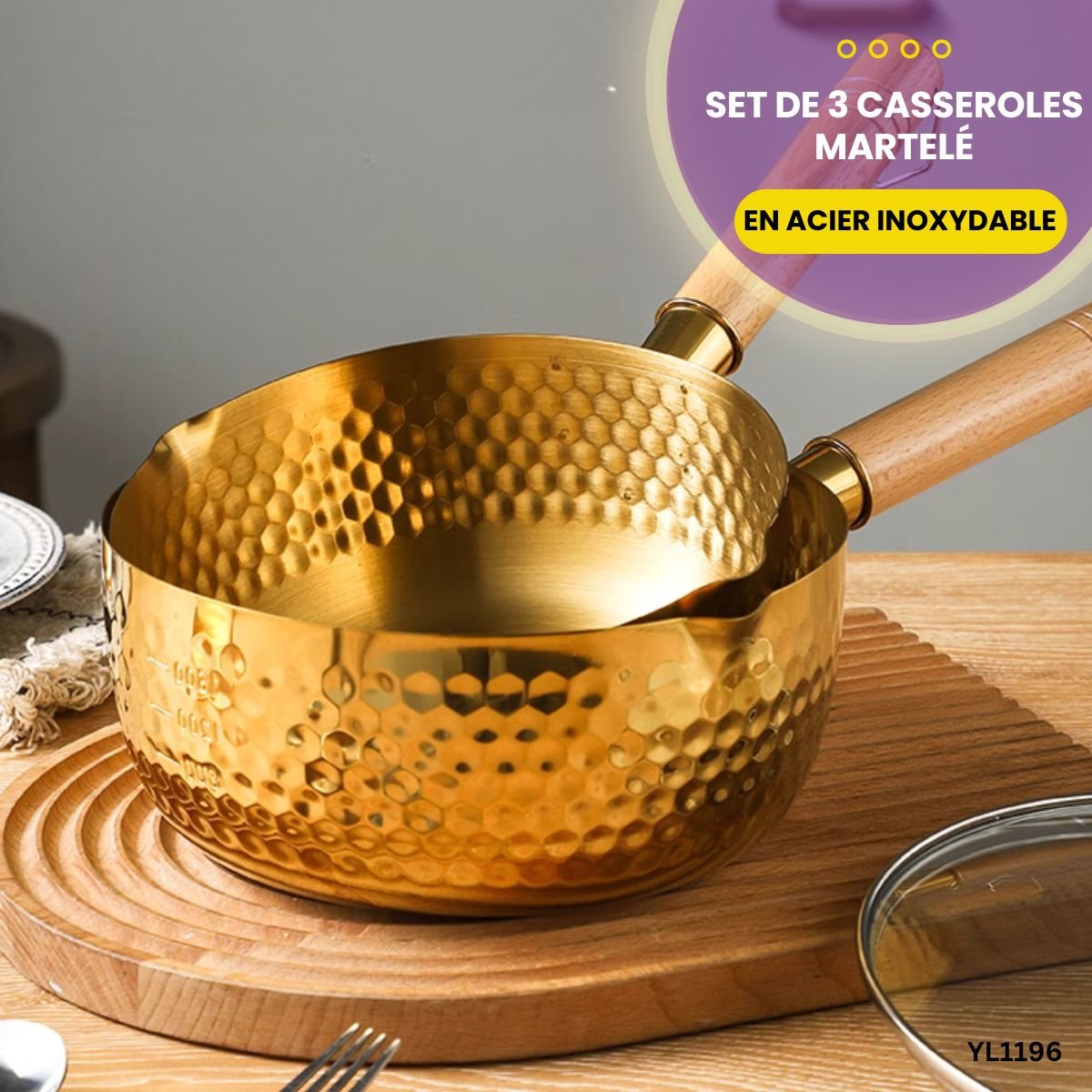 Set de 3 casseroles en acier inoxydable martelé YL1196 – Image 2
