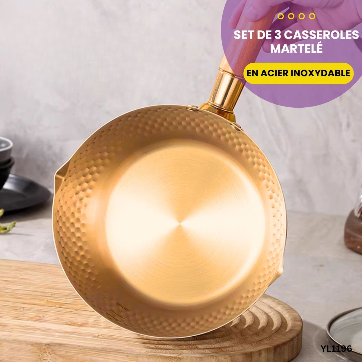 Set de 3 casseroles en acier inoxydable martelé YL1196 – Image 3