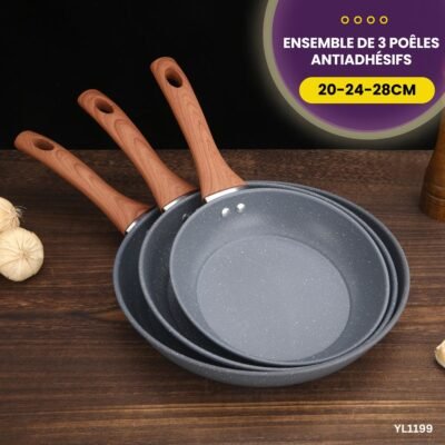 Ensemble de 3 poêles antiadhésifs 20-24-28cm YL1199