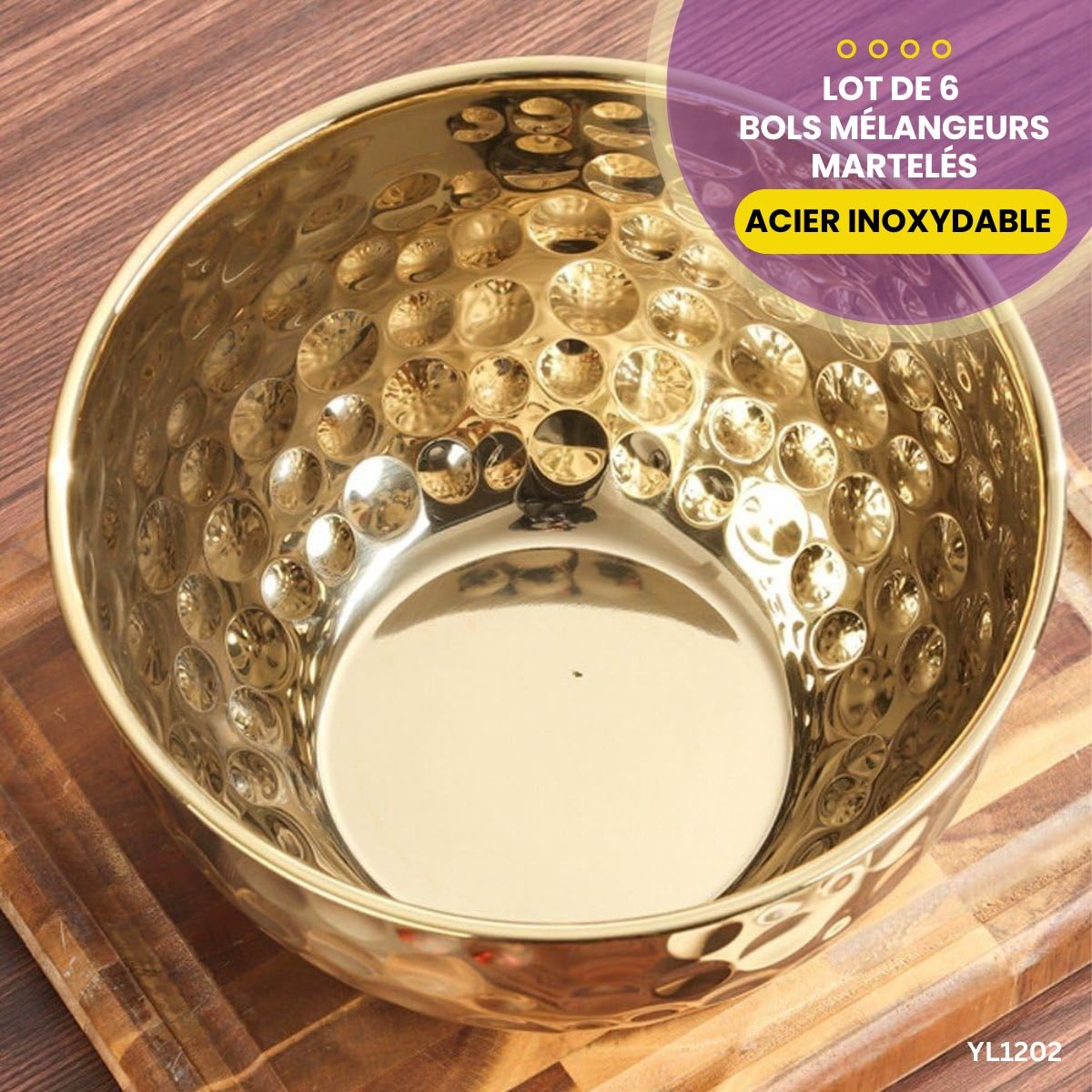 Lot de 6 bols mélangeurs martelés en acier inoxydable YL1202 – Image 2