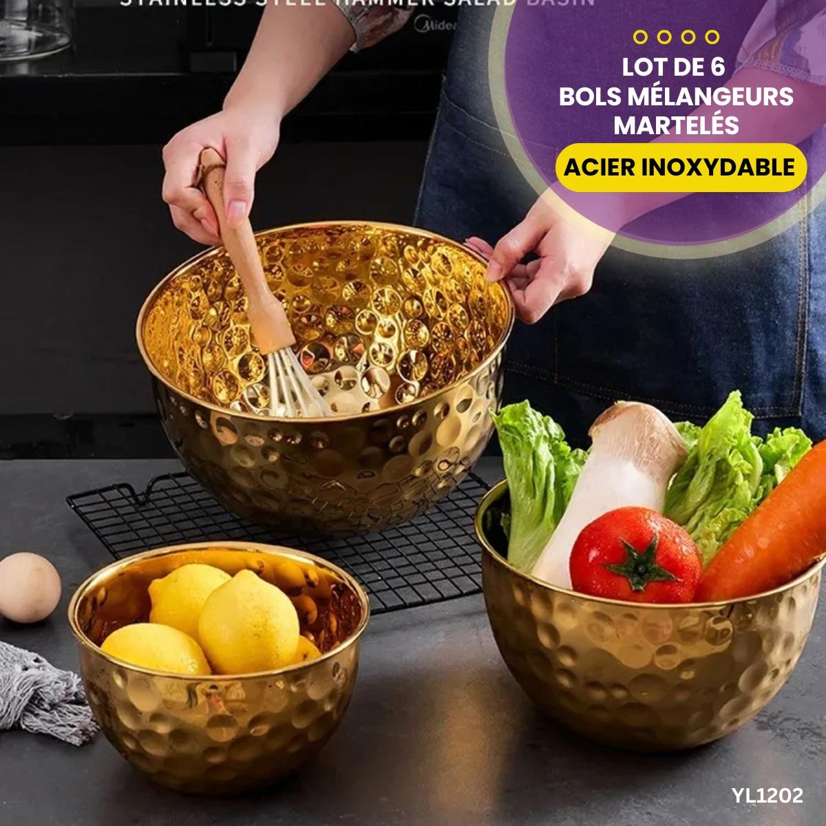 Lot de 6 bols mélangeurs martelés en acier inoxydable YL1202 – Image 3