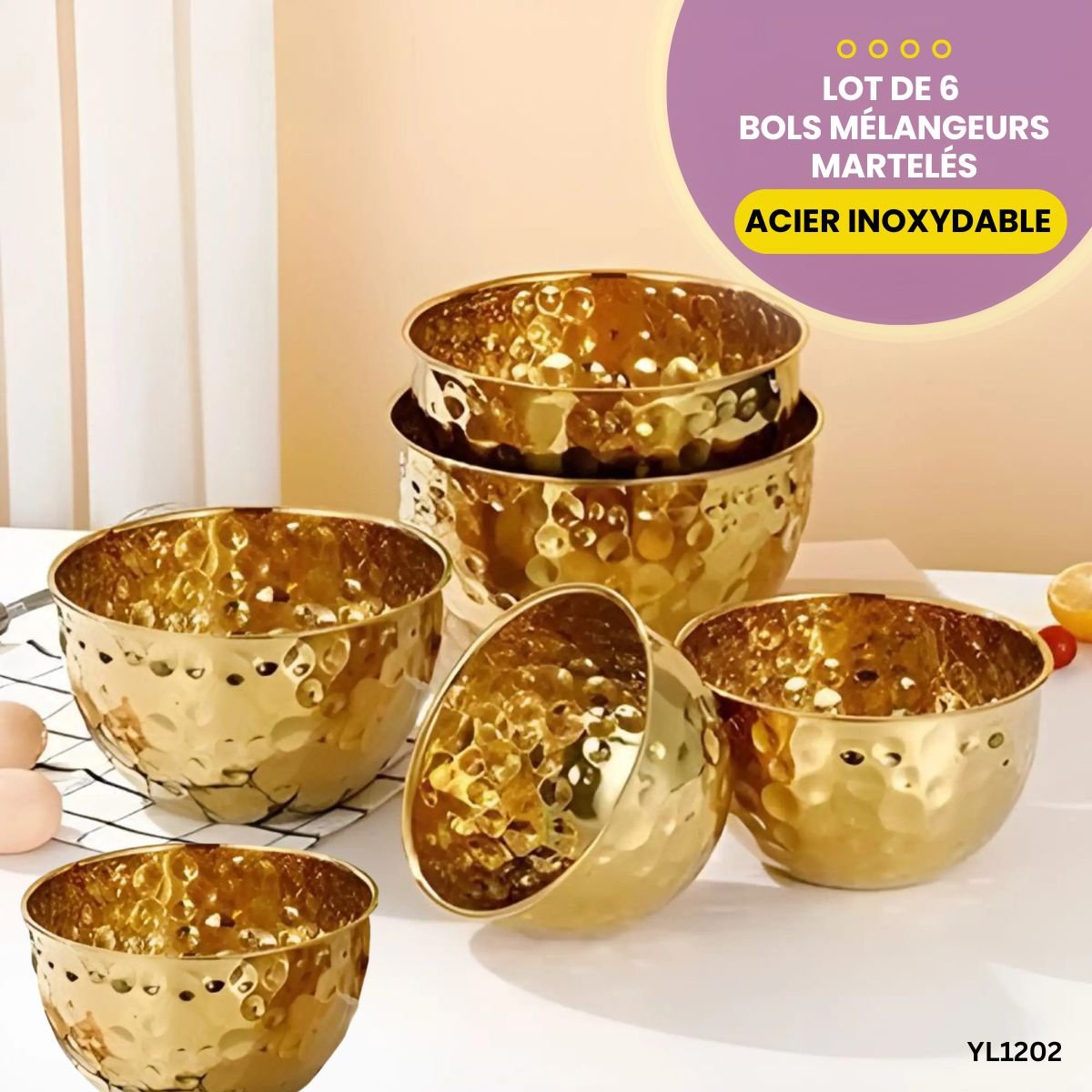 Lot de 6 bols mélangeurs martelés en acier inoxydable YL1202 – Image 4