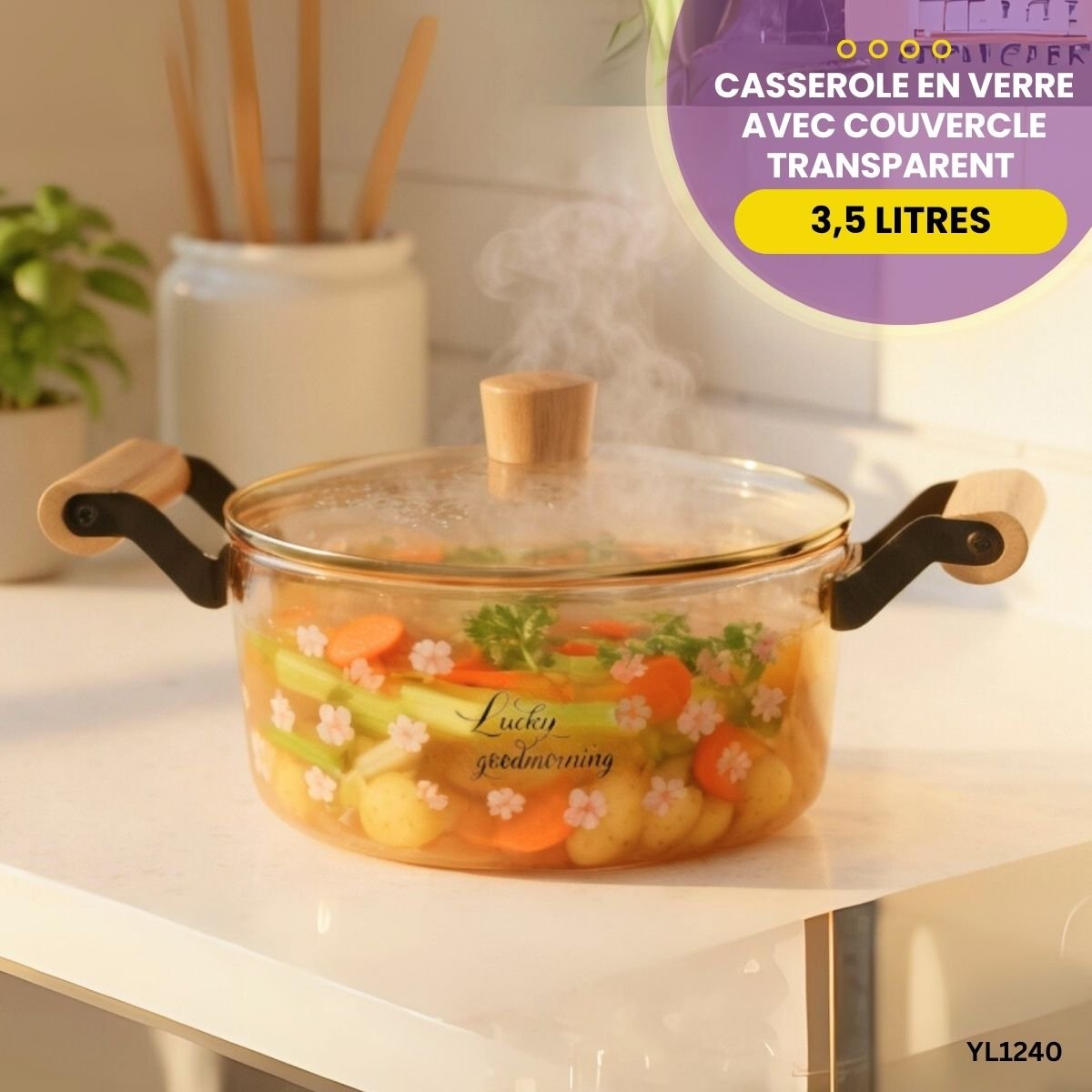 Casserole en verre avec couvercle transparent 3,5 litres YL1240 – Image 2