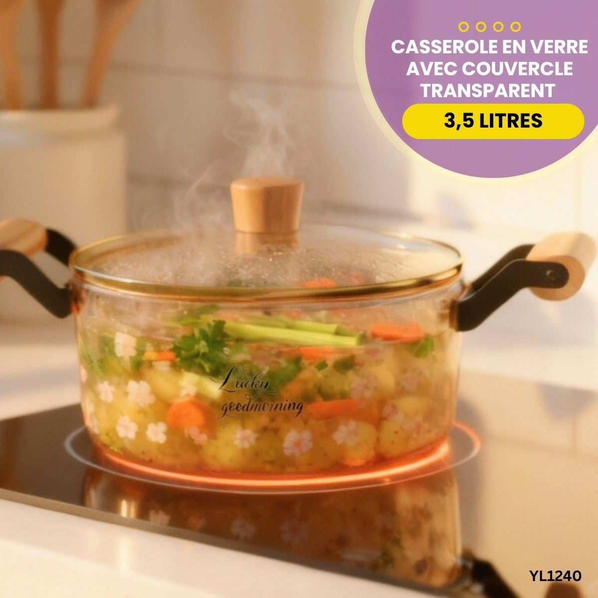 Casserole en verre avec couvercle transparent 3,5 litres YL1240 – Image 3