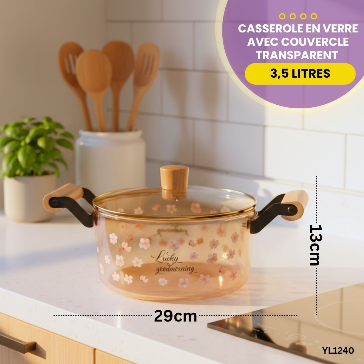 Casserole en verre avec couvercle transparent 3,5 litres YL1240 – Image 4