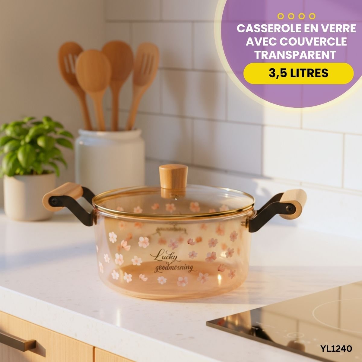 Casserole en verre avec couvercle transparent 3,5 litres YL1240