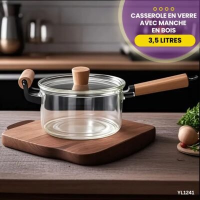 Casserole en verre avec manche en bois 3,5 litres YL1241