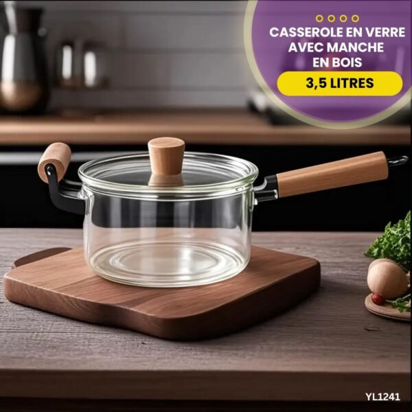 Casserole en verre avec manche en bois 3,5 litres YL1241