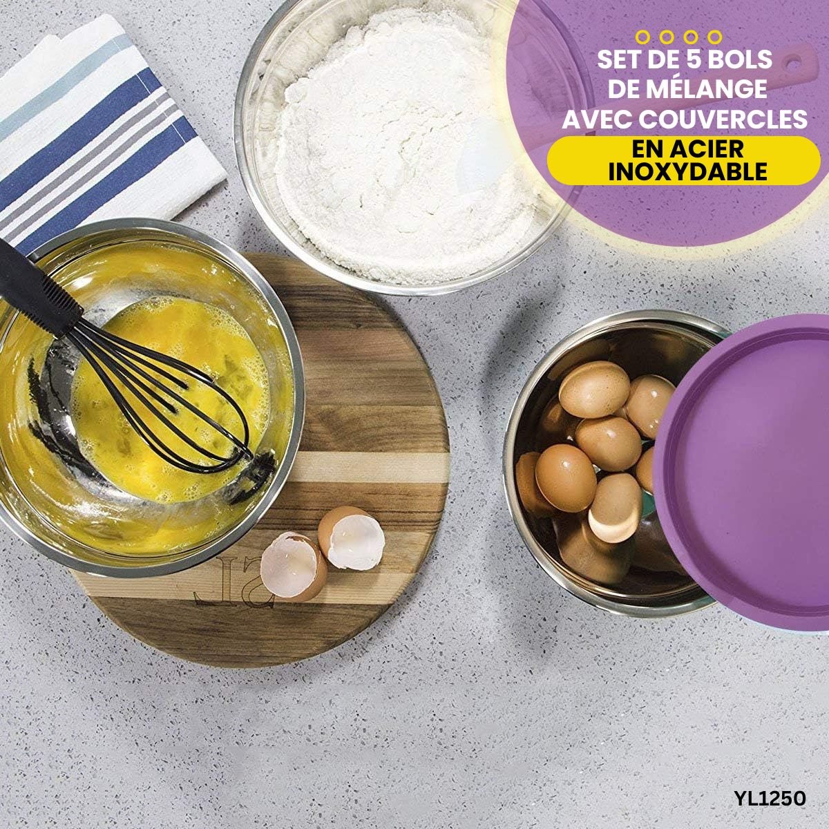 Set de 5 bols de mélange avec couvercles en acier inoxydable YL1250 – Image 3