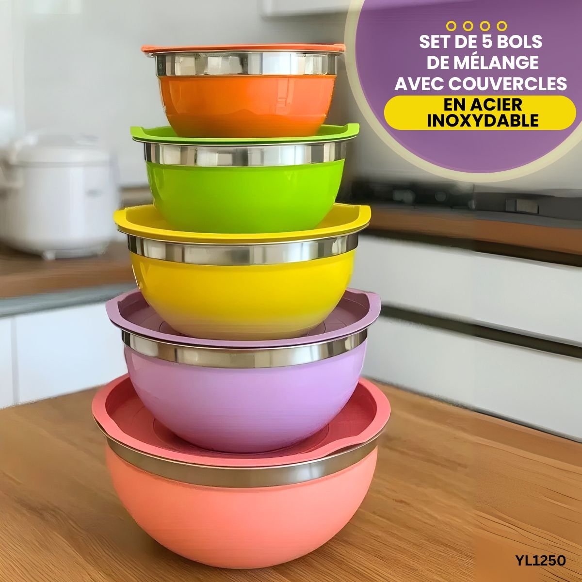 Set de 5 bols de mélange avec couvercles en acier inoxydable YL1250 – Image 4
