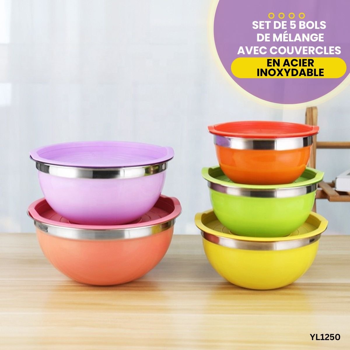Set de 5 bols de mélange avec couvercles en acier inoxydable YL1250