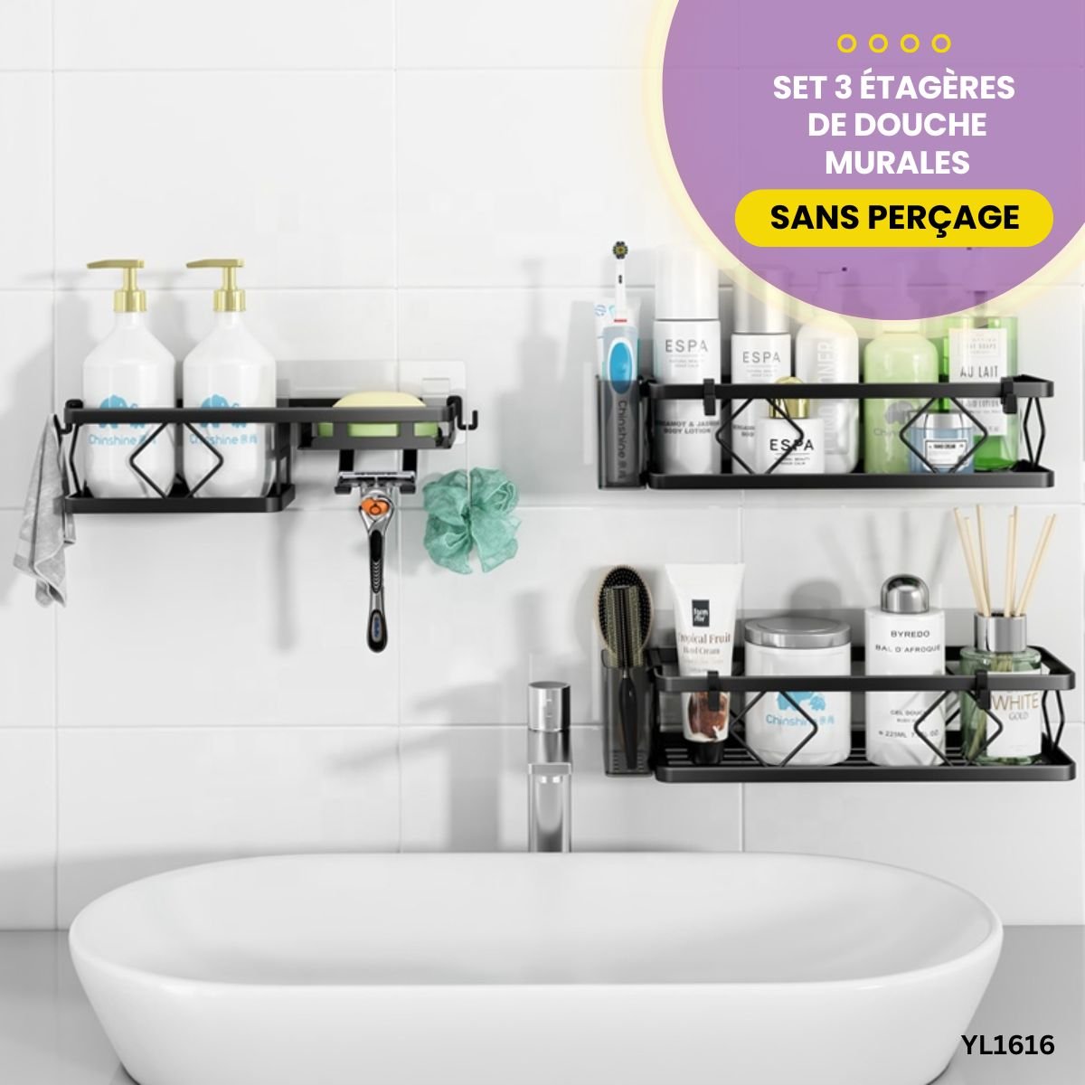 Set 3 Étagères de Douche Murales YL1616 – Image 3