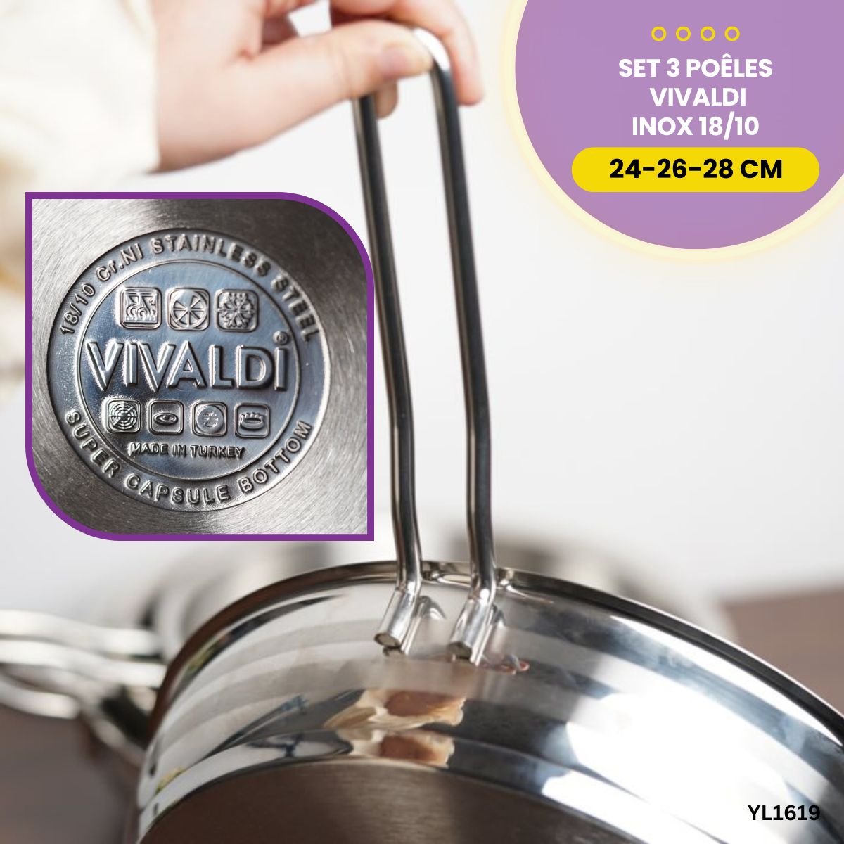 Set 3 Poêles Vivaldi Inox 18/10 YL1619 – Image 3