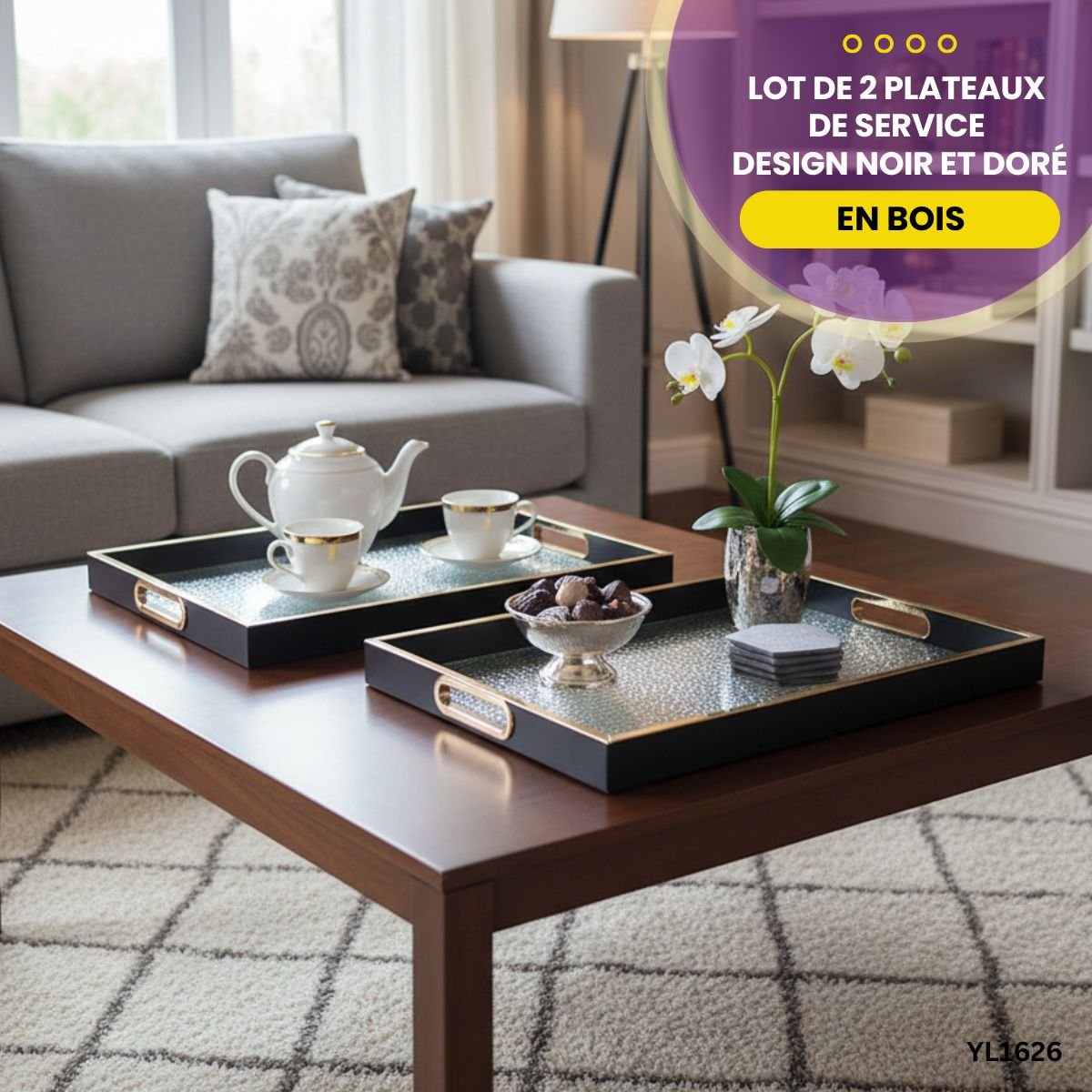 Lot de 2 Plateaux Noir et Doré YL1626 – Image 3