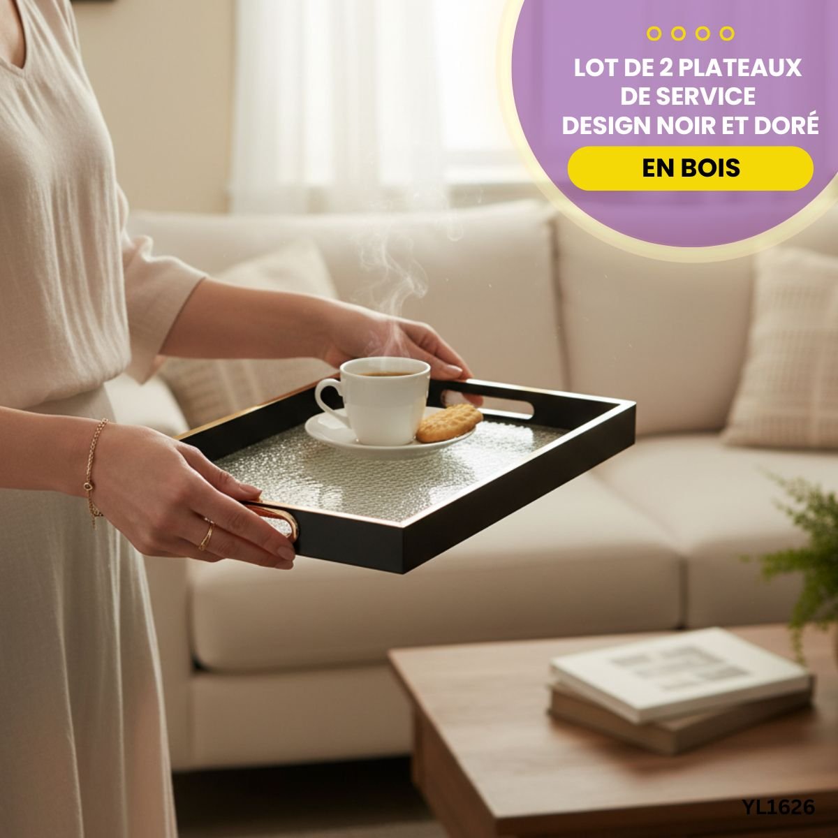 Lot de 2 Plateaux Noir et Doré YL1626 – Image 2