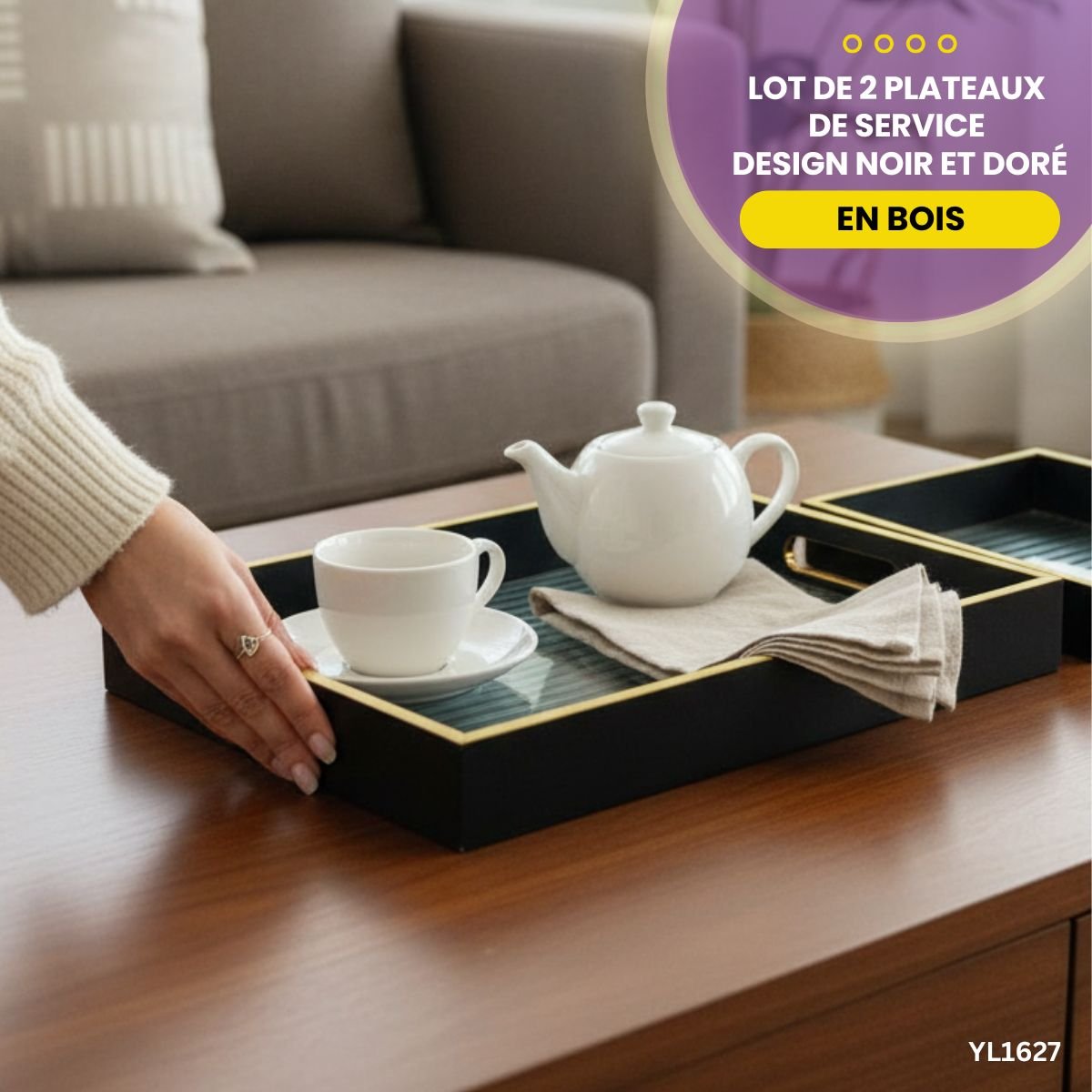 Lot de 2 Plateaux Noir et Doré YL1627 – Image 2