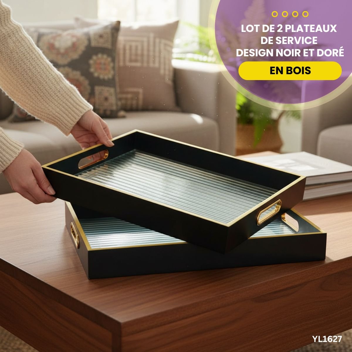 Lot de 2 Plateaux Noir et Doré YL1627