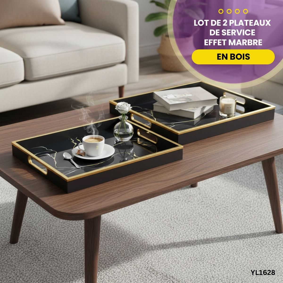 Lot de 2 Plateaux Effet Marbre YL1628 – Image 2