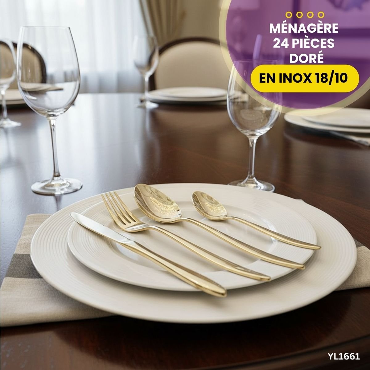 Ménagère 24 Pièces en Inox 18/10 Doré YL1661