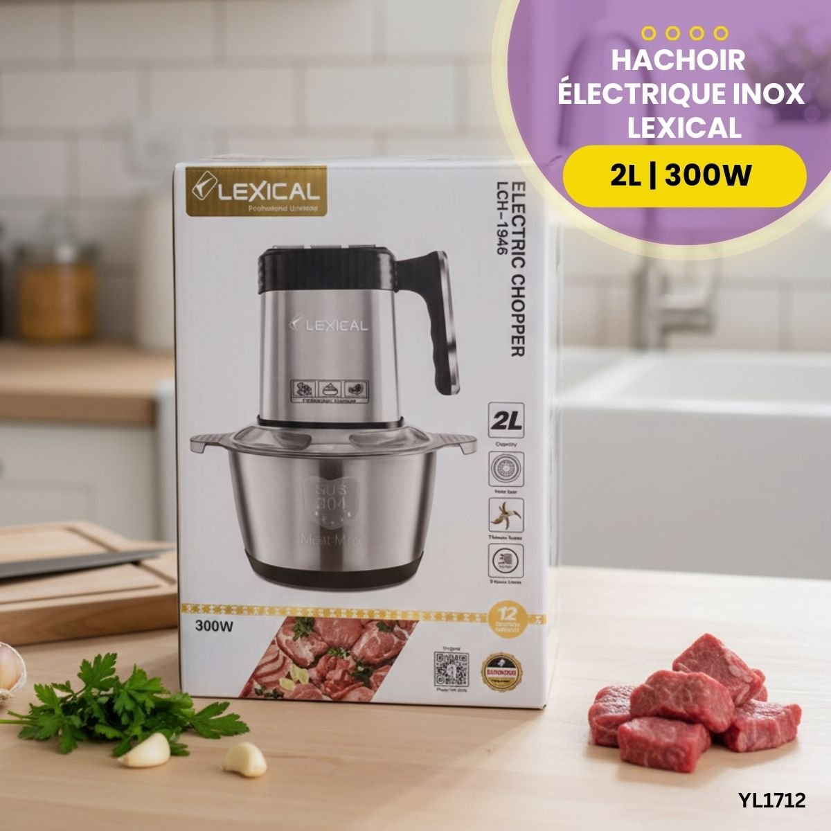 Hachoir Électrique Inox Lexical 2L YL1712 – Image 2