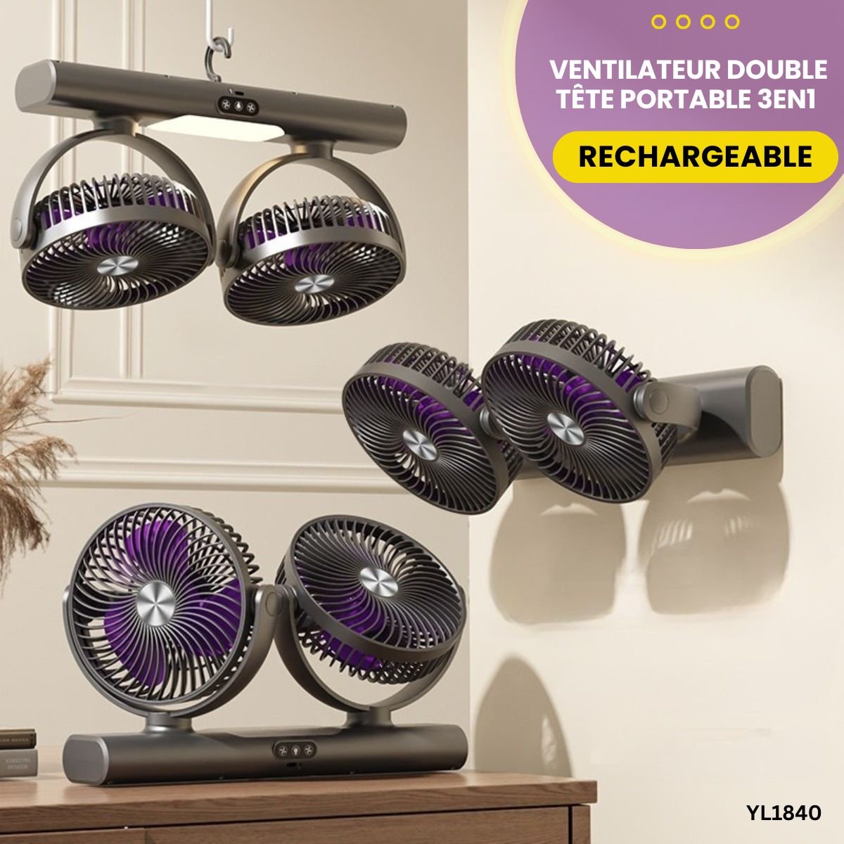 Ventilateur Double Tête Portable 3en1 YL1840 – Image 2