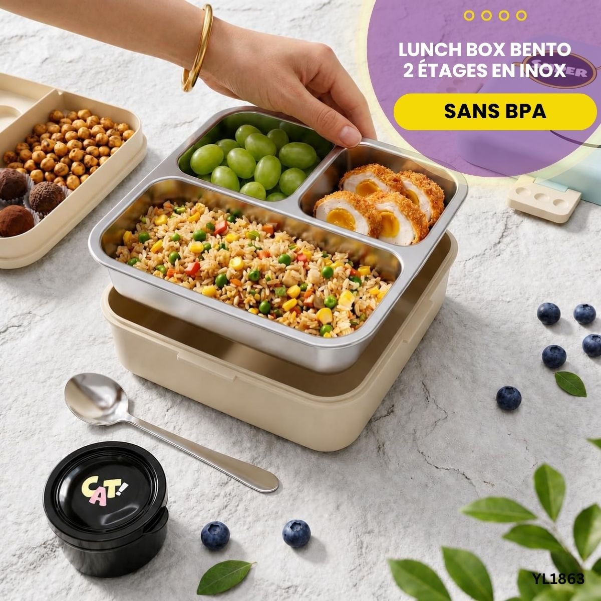 Lunch box 2 étages Inox sans BPA YL1863 – Image 3