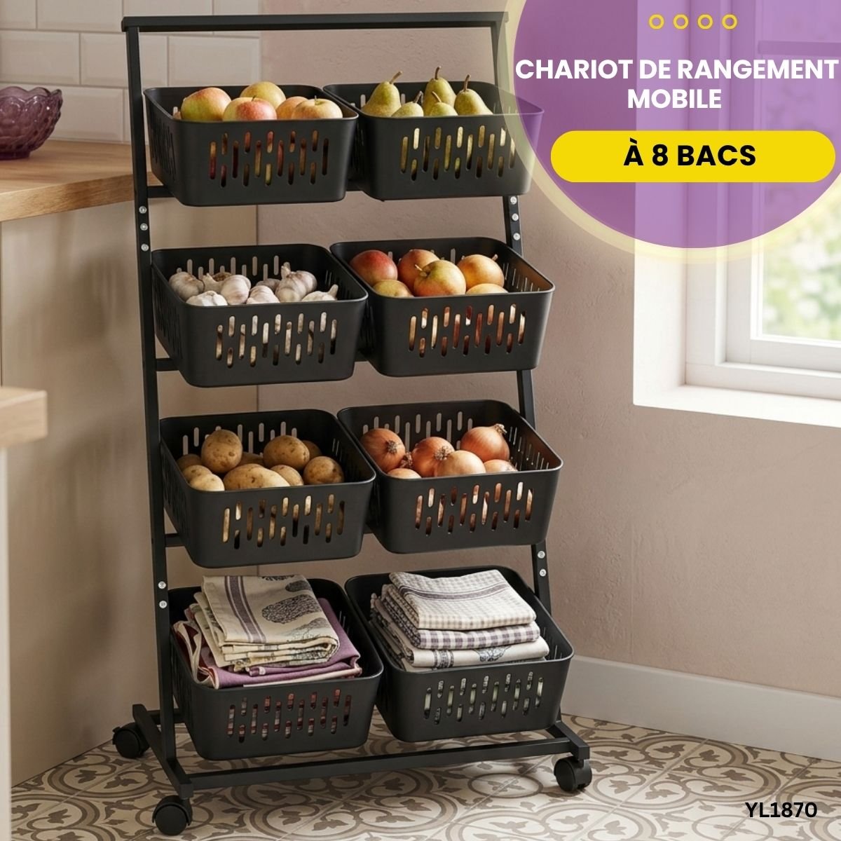 Chariot de rangement mobile à 8 bacs YL1870