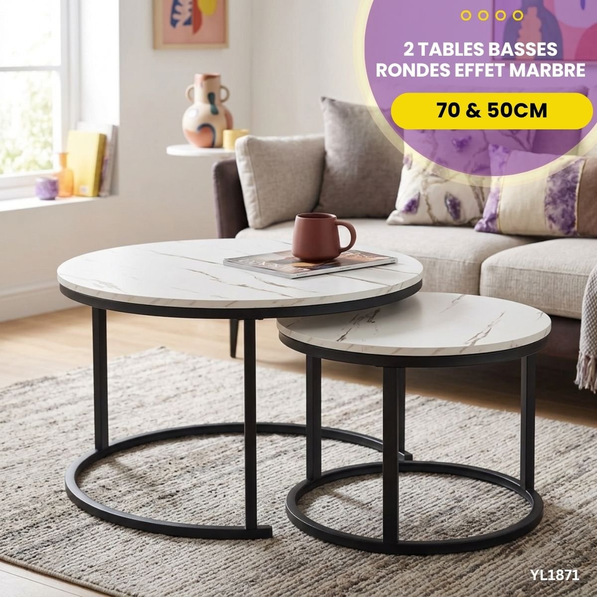 2 Tables Basses Rondes Effet Marbre YL1871 – Image 2