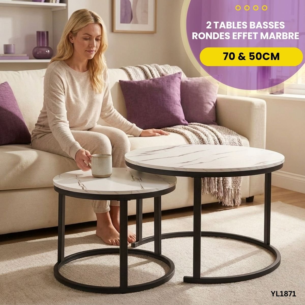 2 Tables Basses Rondes Effet Marbre YL1871 – Image 3