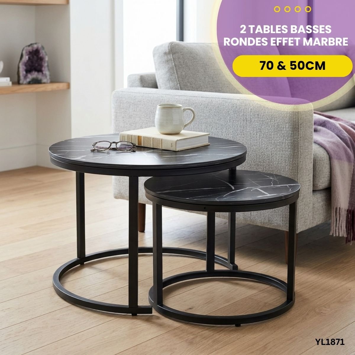 2 Tables Basses Rondes Effet Marbre YL1871 – Image 4