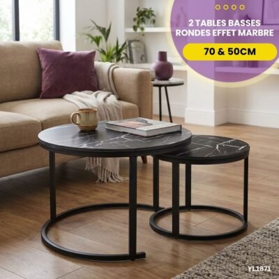 2 Tables Basses Rondes Effet Marbre YL1871